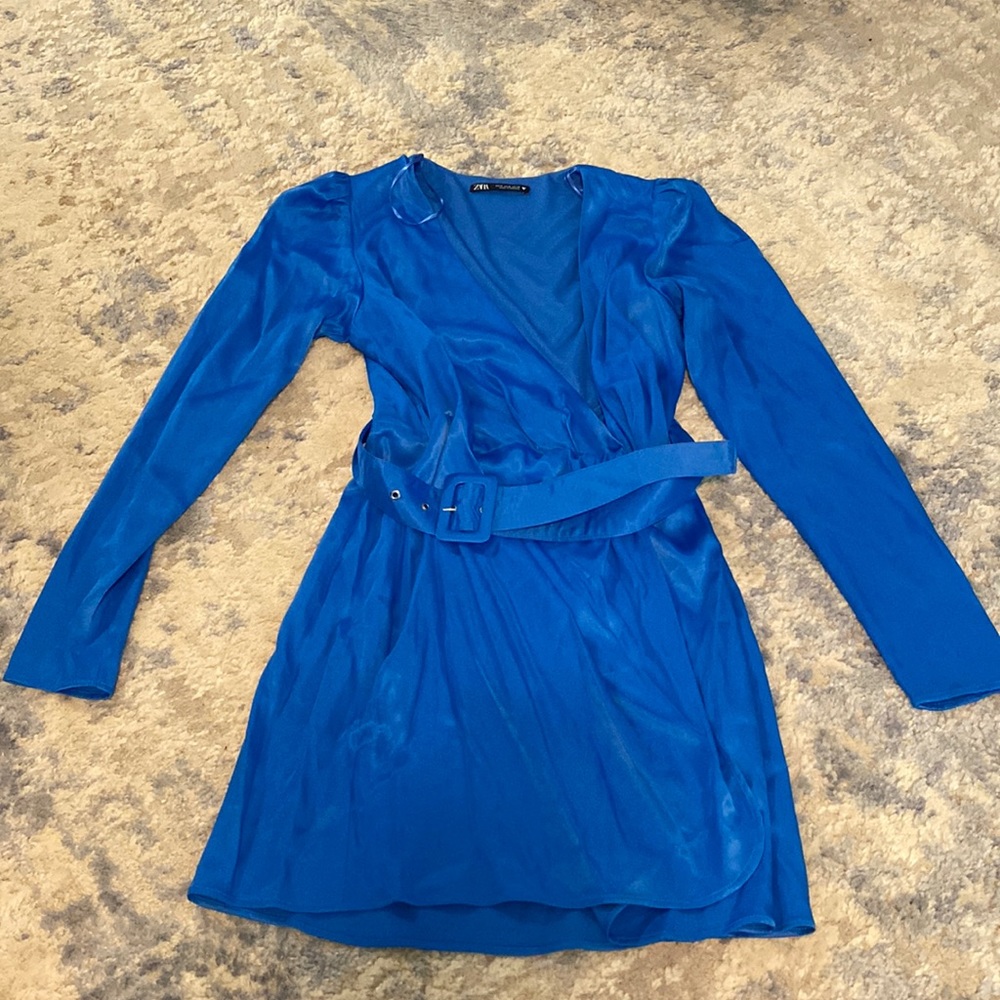 Blue Zara wrap front dress with belt. Size medium